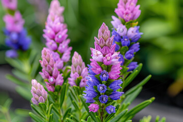 Fototapeta premium National Heather Day. A close-up macro shot of vibrant heather flowers in shades of purple, pink, and blue, showcasing intricate details and natural textures with a blurred green background. 