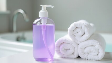 A bottle of liquid soap and white terry towels. Photo for a spa center