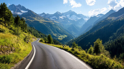 Naklejka premium A scenic drive along the mountain roads in Switzerland, with sharp turns and breathtaking views of the Alps.