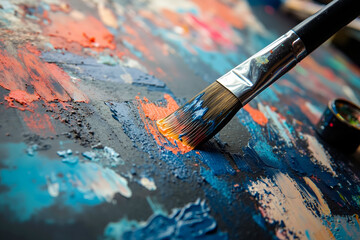 Fototapeta premium A paintbrush sitting on top of a painting on a table