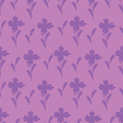 Seamless floral pattern, cute ditsy print with small pink flowers, leaves on purple background. Pretty botanical design for fabric, paper and other surfaces. Vector illustration.