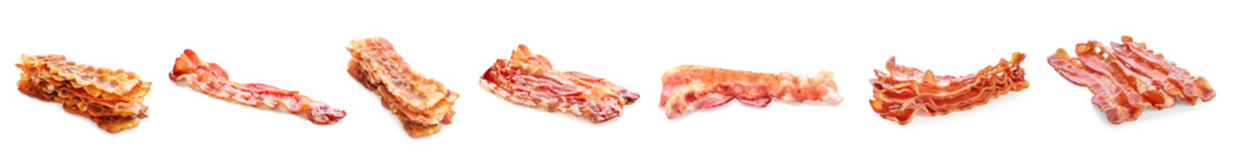 Set of tasty crispy bacon strips on white background