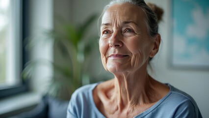 Fototapeta premium Smiling Elderly Woman in Sunlit Room with Peaceful Expression