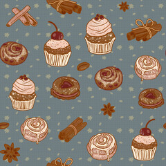 Cozy vintage kitchen food pattern for coffee shop, cafe, bakery, pastry shop packaging background. Blue retro ornament. Buns, sweets, cakes, muffins, cupcakes.