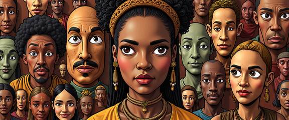 Vibrant illustration of diverse faces in a colorful composition focusing on a central figure