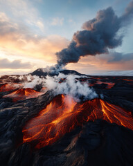 Fototapeta premium The Reykjanes Peninsula, with its rugged lava fields, hot springs, and distant geothermal steam rising into the sky.