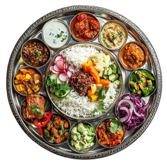 
A thali food platter is a beautifully arranged