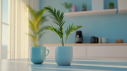 Fototapeta premium Blue ceramic countertop with a soft-focus kitchen setting, including plants and modern decor. Simple and clean design for product or service mockups.