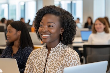 Diverse group of women collaborating on a coding project in a bright office during a productive work session