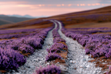 National Heather Day. A rustic dirt road lined with lavender rows leads into the distance, set against rolling hills and a soft evening sky, embodying peaceful countryside vibes.
