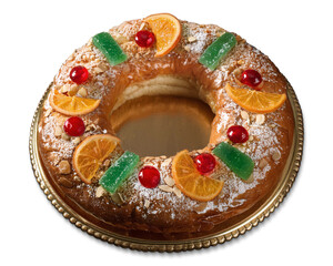 Roscón de Reyes with candied fruits presented on a decorative golden plate or tray, isolated on a transparent background. A typical Spanish dessert for Three Kings Day or Epiphany