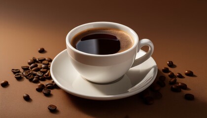 Obraz premium Minimalist composition featuring a white porcelain cup of black coffee, placed on a brown ba