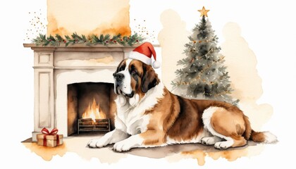A Saint Bernard dog with a festive Santa hat lounges next to a crackling fireplace, surrounded by Christmas decorations and a beautifully adorned tree