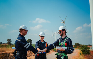 professional technician engineer with safety working on wind turbine industry technology for...