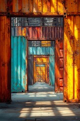 Fototapeta premium Rusty Metal Shipping Containers Forming a Hallway