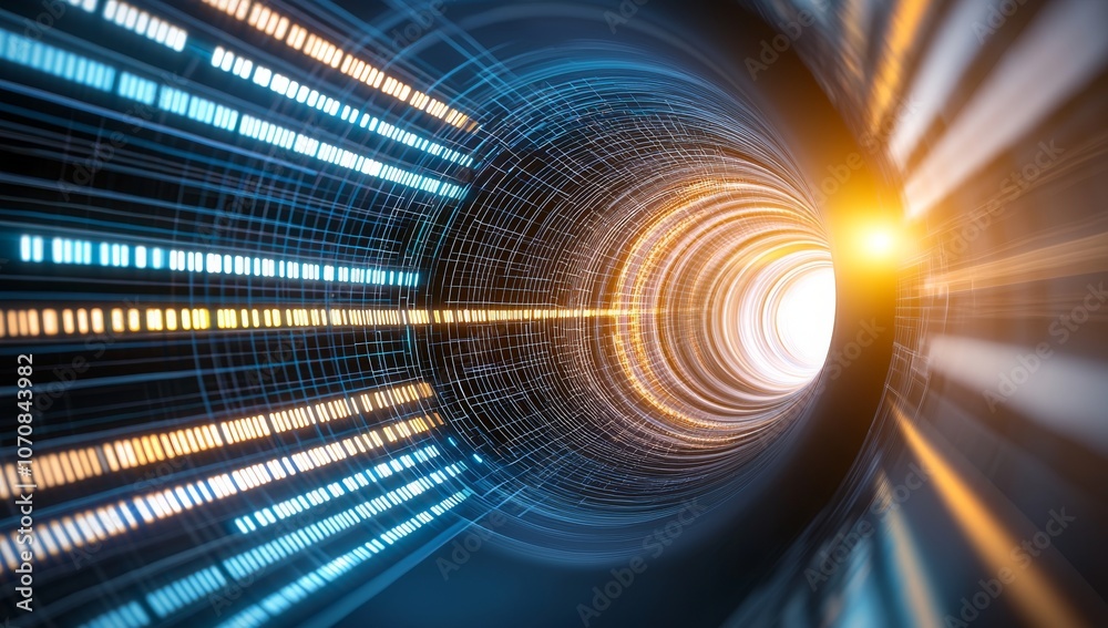 Poster a dynamic digital artwork featuring an abstract representation of data flow through the online netwo