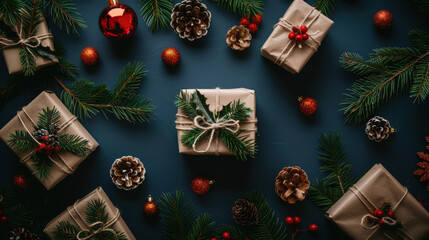 christmas background with branches and balls with space for text