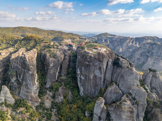 Aerial drone photo of the famous Meteora rocks and abbeys in Greece.