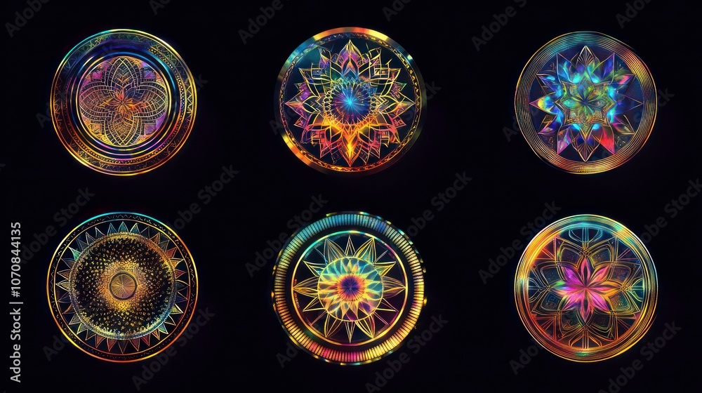 Poster a collection of six intricate, colorful geometric patterns on a dark background.