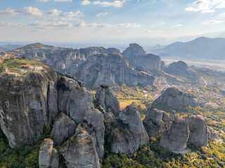 Aerial drone photo of the famous Meteora rocks in Greece.