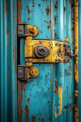 Rusty Blue and Yellow Door Hinge Close-Up