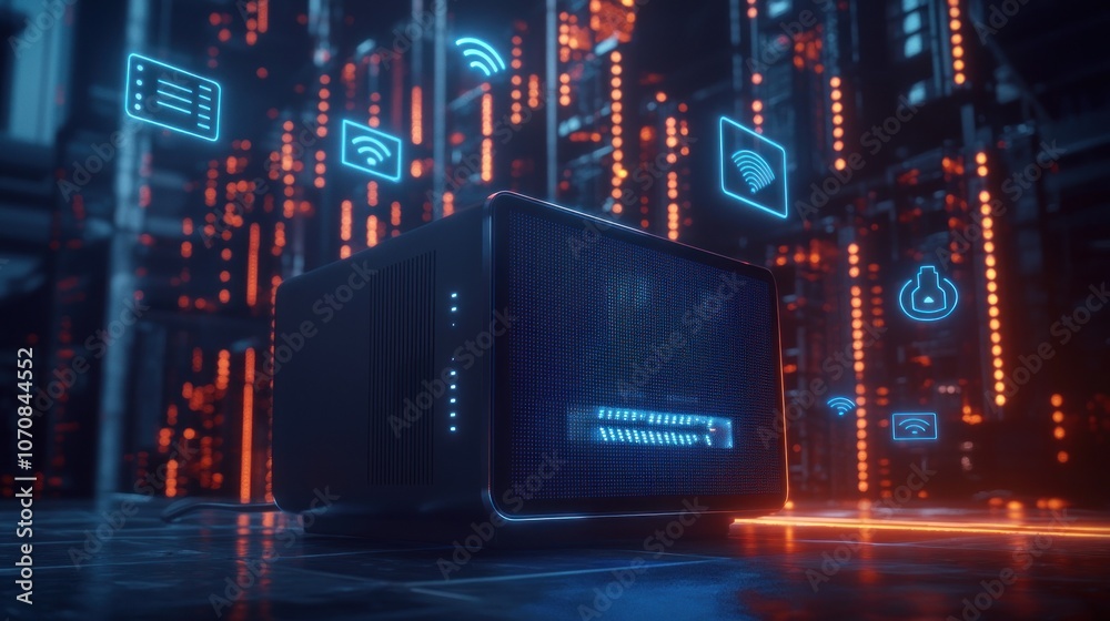 Poster black server unit with blue neon interface icons in a cyber setting