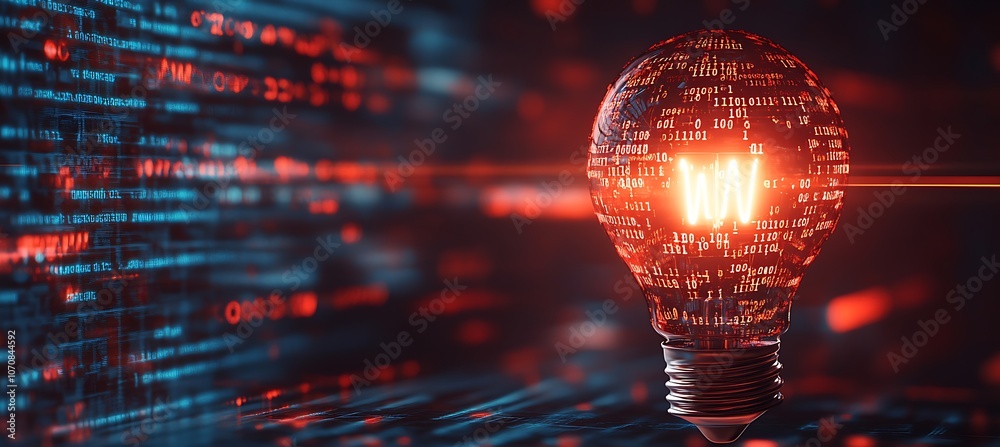 Poster a creative image of a lightbulb surrounded by flowing digital binary code, representing the intersec