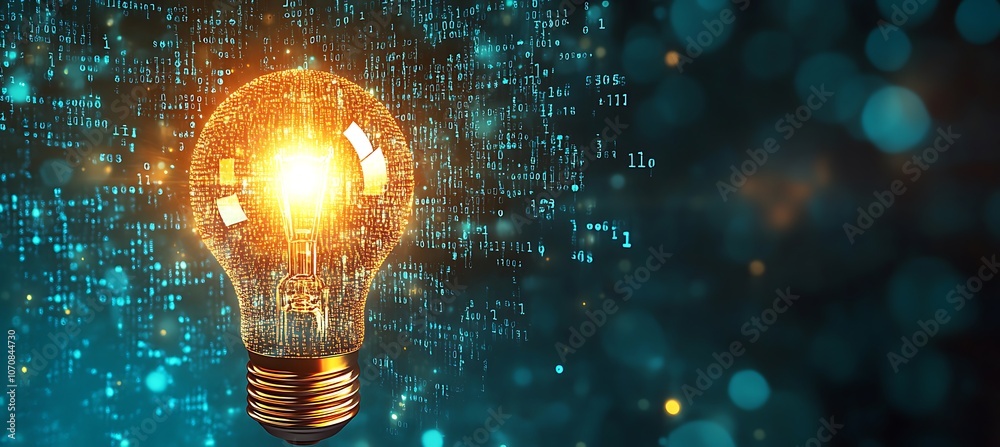 Poster a creative image of a lightbulb surrounded by flowing digital binary code, representing the intersec
