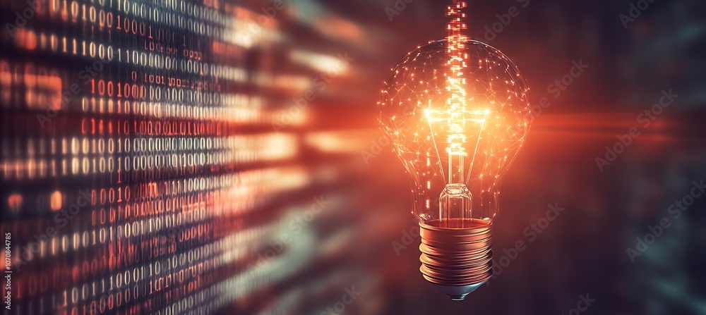 Poster a creative image of a lightbulb surrounded by flowing digital binary code, representing the intersec