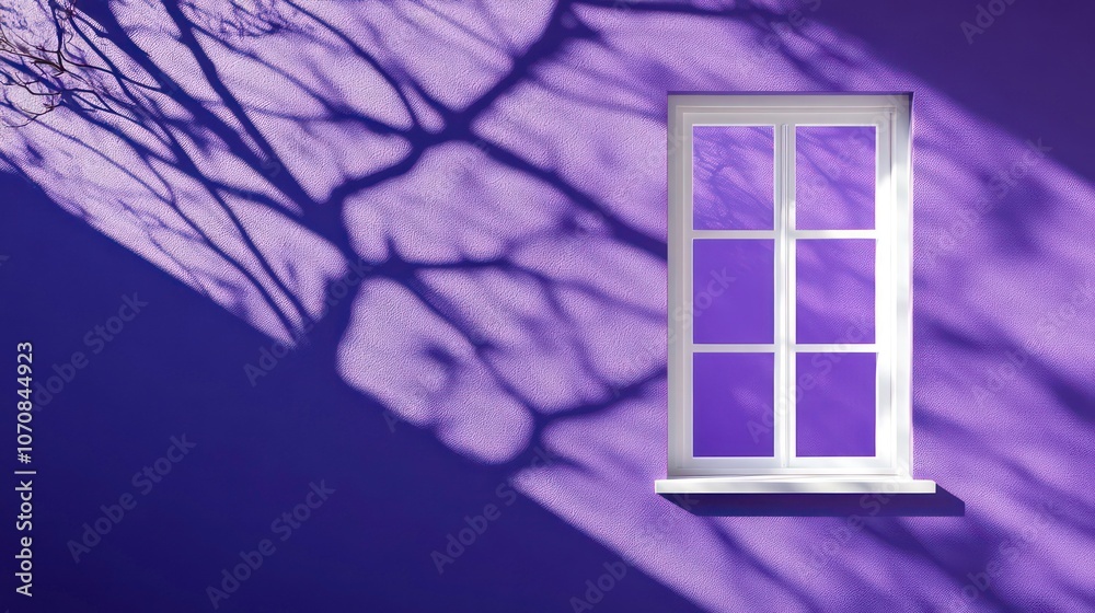 Poster a purple wall with a window casting intricate shadows from nearby branches.