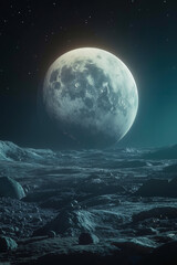 A full moon in the sky over a rocky landscape