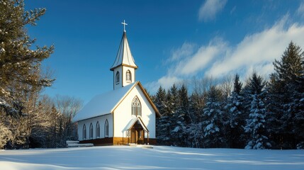 Country church with light snow on the roof, surrounded by snowy trees, ideal for winter greeting cards and holiday banners.