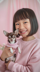 A young Asian girl joyfully holds her Chihuahua in a cozy setting, both adorned in pastel pink. The atmosphere is warm and affectionate.