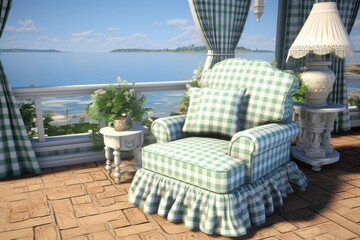 Fototapeta premium Cozy corner a serene room featuring a pale green armchair and soft blue pillows