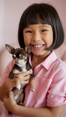 A cheerful Asian girl, around 7 years old, smiles widely while holding a small Chihuahua, showcasing their bond in a bright, pastel setting.