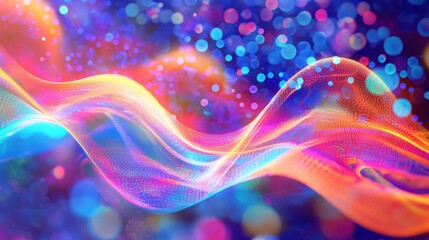 Fototapeta premium A vibrant and colorful abstract image featuring flowing waves and luminous dots, ideal for creative backgrounds and illustrations.
