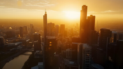 Fototapeta premium A panoramic view of a city skyline at sunset with tall buildings silhouetted against the orange sky.