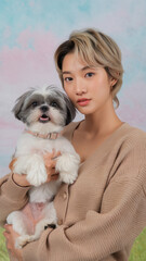 A young East Asian woman holding a fluffy dog, showcasing a warm smile against a pastel-colored background, reflecting happiness and companionship.