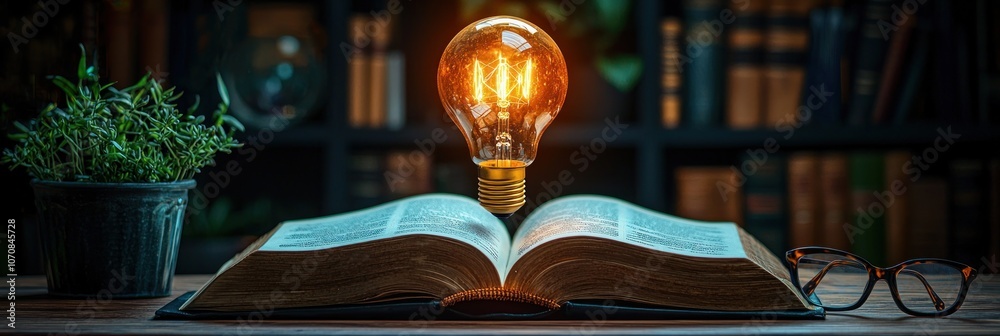 Poster illuminated open book with light bulb and eyeglasses