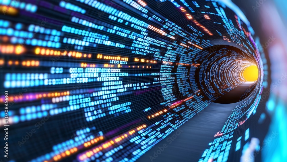 Poster a dynamic digital artwork featuring an abstract representation of data flow through the online netwo