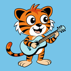 Little tiger playing guitar, cartoon vector 