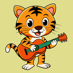 Little tiger playing guitar, cartoon vector 