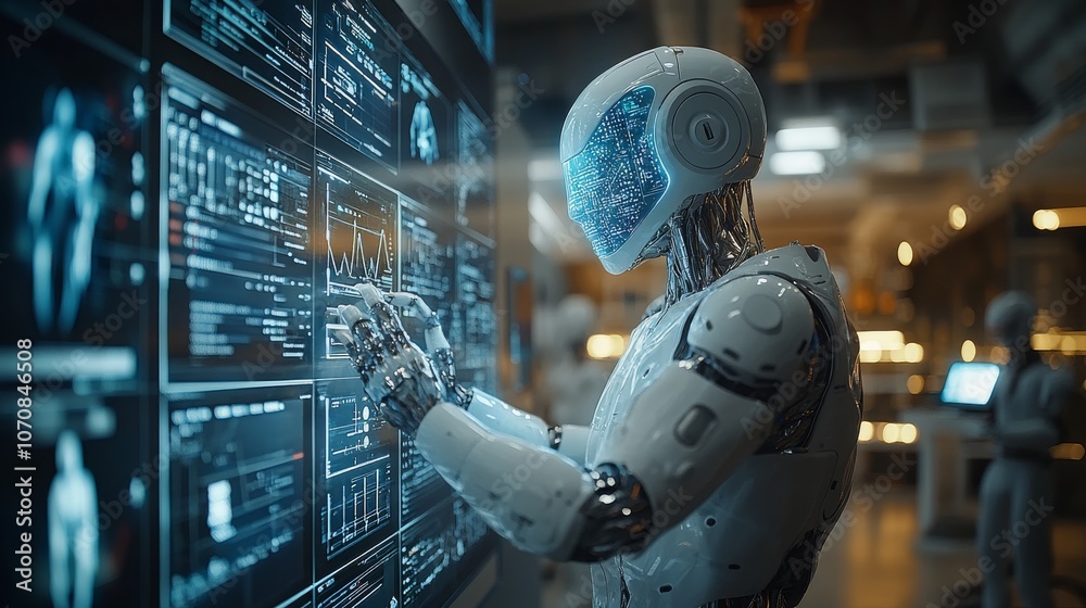 Poster futuristic workspace with multiple ai assistants engaged in data analysis and processing tasks