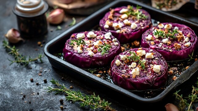 Roasted red cabbage wedges with feta cheese and herbs.