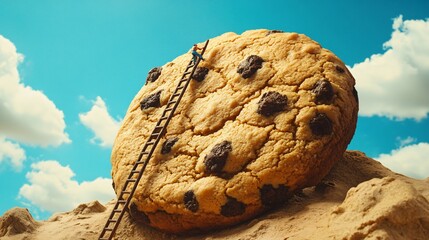 A small figure climbs a ladder towards an enormous chocolate chip cookie set against a vivid blue sky with fluffy clouds, creating a surreal and playful atmosphere