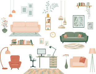 Furniture collection for modern home interior design. Trendy house decor, sofa, couch, chair, armchair and lamp. Apartment room items, decoration.