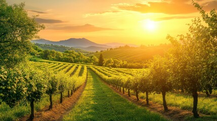 Naklejka premium A serene vineyard landscape at sunset, showcasing rows of grapevines and rolling hills.