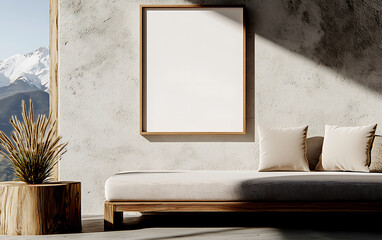 Stylish Scandinavian interior with blank poster, cozy sofa, and mountain view. natural light creates serene atmosphere