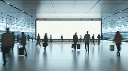 Blank Billboard in Modern Subway Station with Blurred People