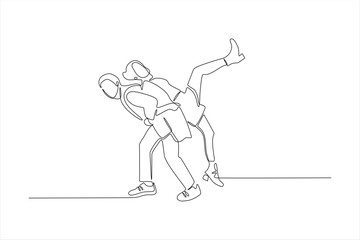 A continuous line drawing of two people, one giving a piggyback ride to the other.